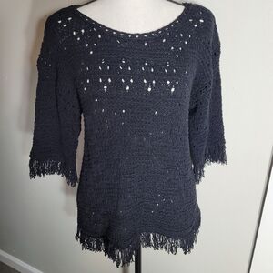 Ann Taylor Loft 3/4 Sleeve Black Fringe Sweater Small